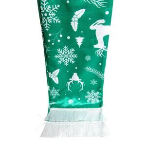 Winter Silk Scarf Green with White Tassels Deer Snowflakes Holly 56 in long